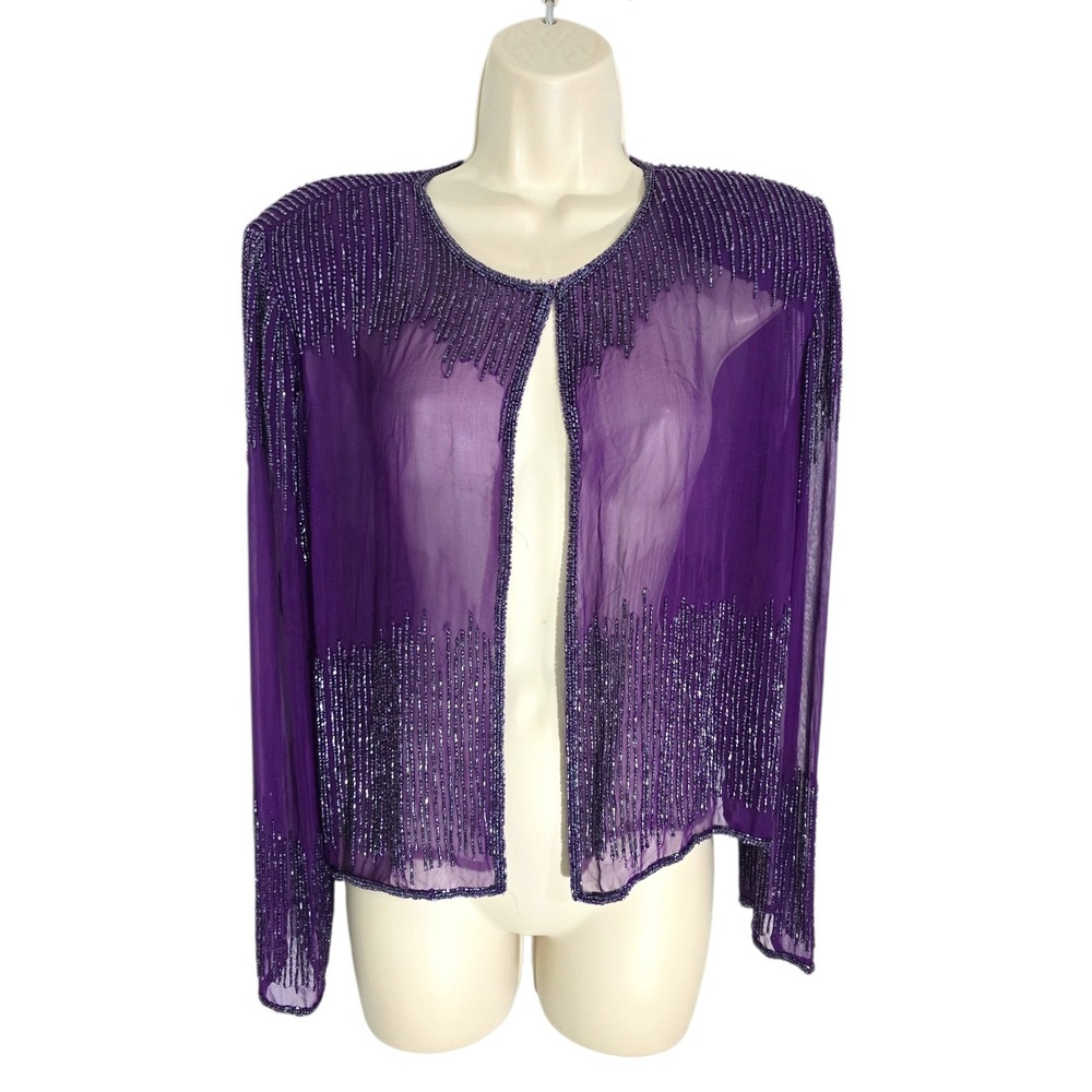 KRISHMA Purple Beaded Sheer Silk‎ Kimono Jacket Top Women's XL